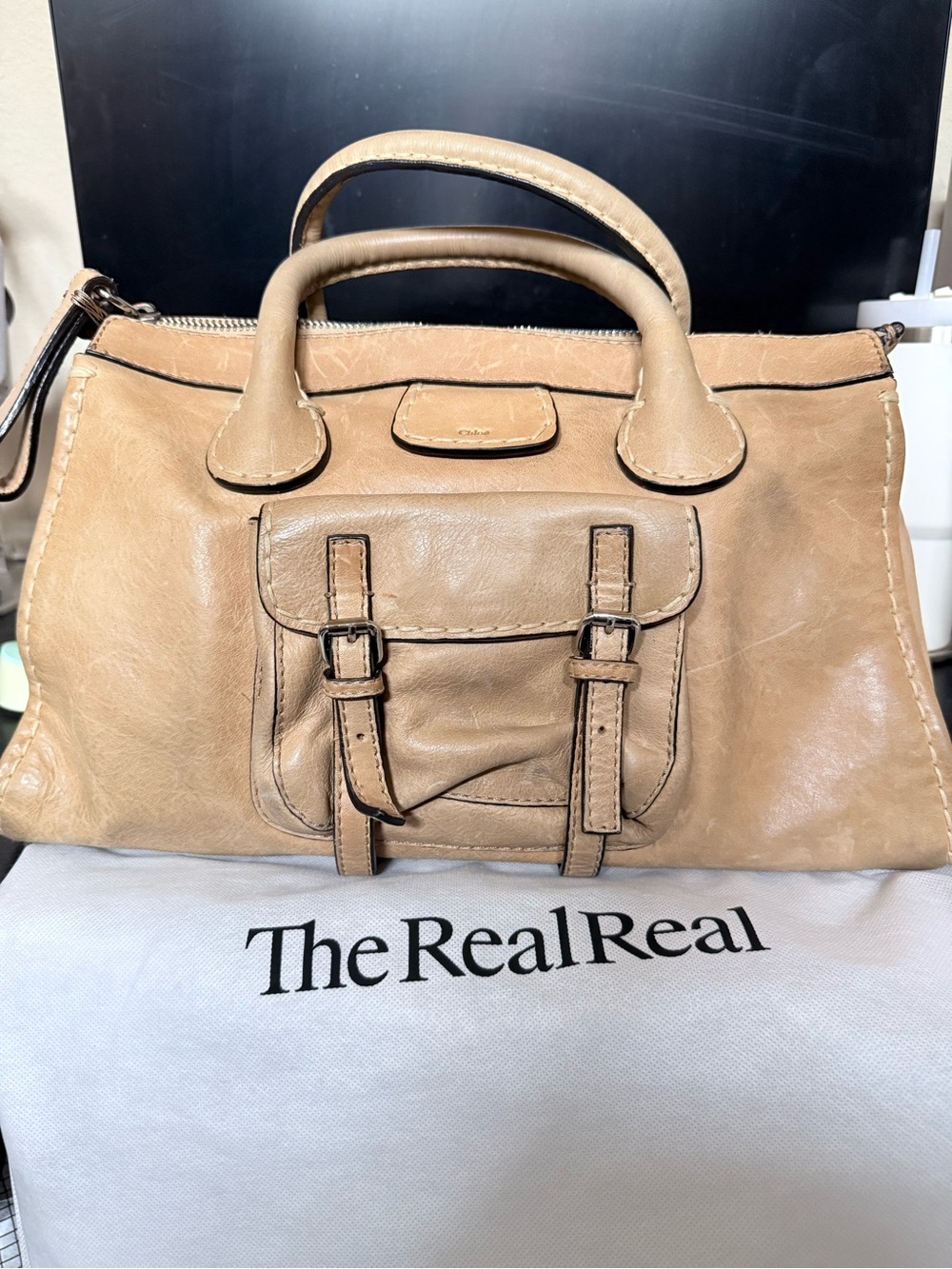 Chloe Tan Leather Satchel with Front Buckle Pocket